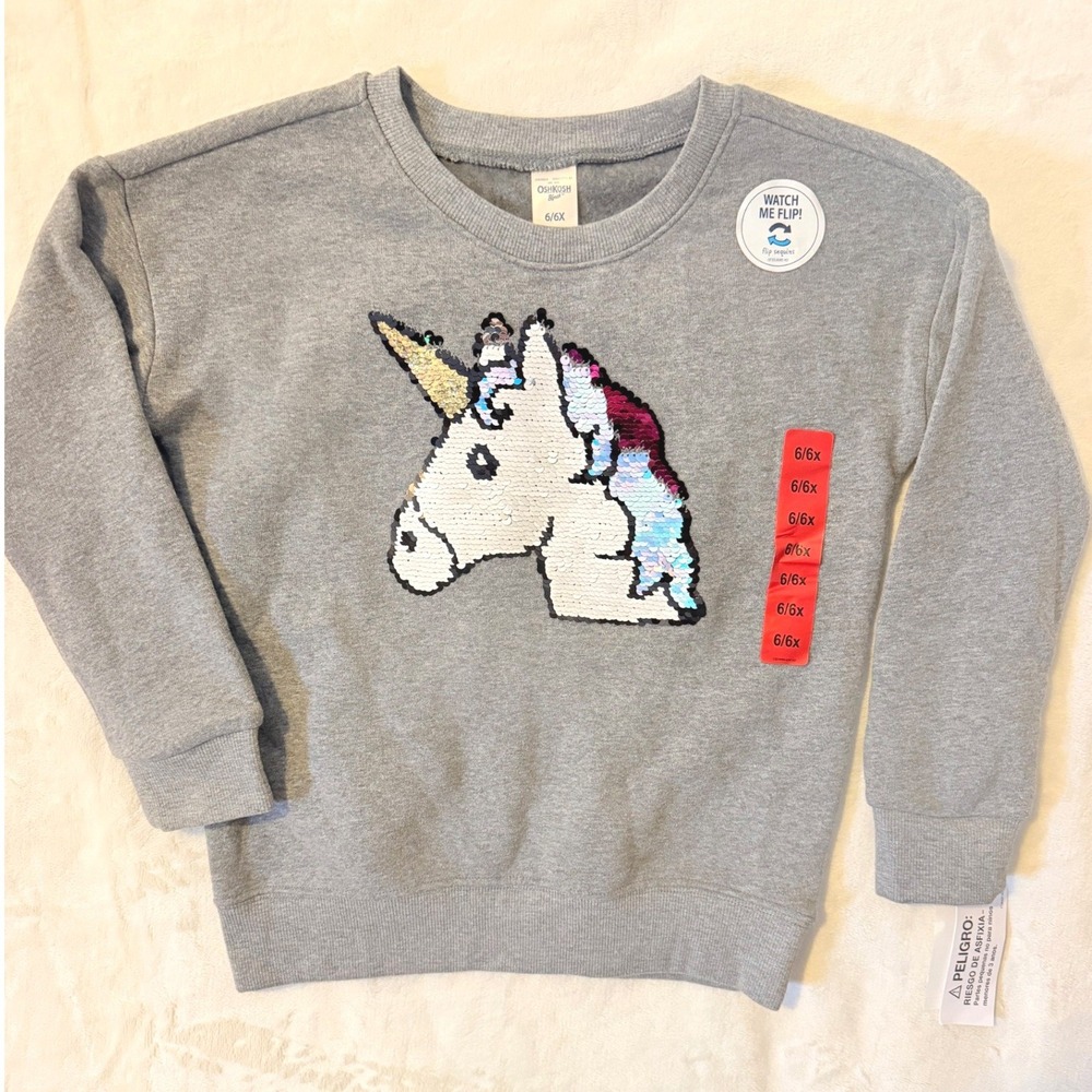 OshKosh B'gosh Unicorn Flip Sequin Sweatshirt Kids 6/6X Gray New NWT Interactive